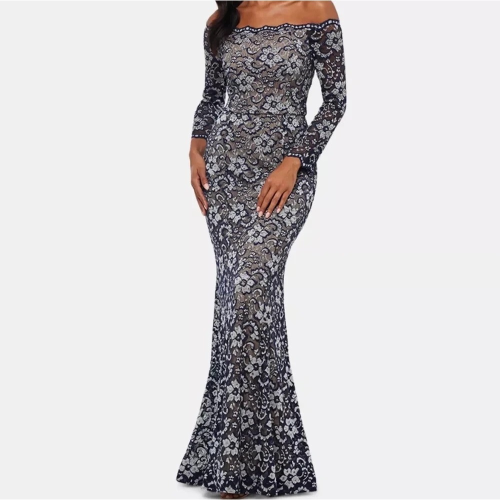 Xscape Off Shoulder Floral Lace Gown Long Sleeve Rhinestone Blue Over Cream 10